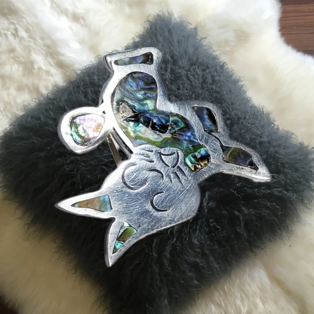 Rabbit Sterling Silver Brooch with Abalon Accents